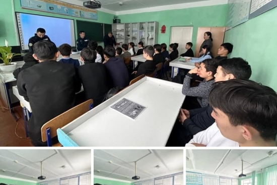 Мектеп оқушыларымен әкімшілік аумақты ювеналды учаскелік инспекторы полиция аға лейтенанты Мейрбек Мырзагалиевич Базаркенов  интернеттегі қауіпсіздік,  құқықбұзушылықтың алдын алу мәселелері мен оқушыға қойылатын талап-міндеттер,  жауапкершілік пен құқық,